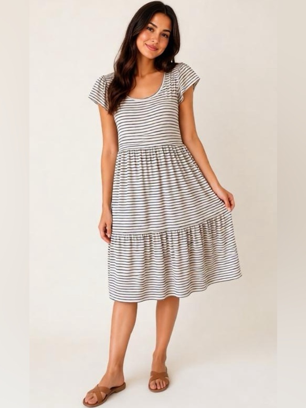 Olivia Rae Black & Ivory Striped Scoop-Neck Tiered Midi Dress | Super Soft
